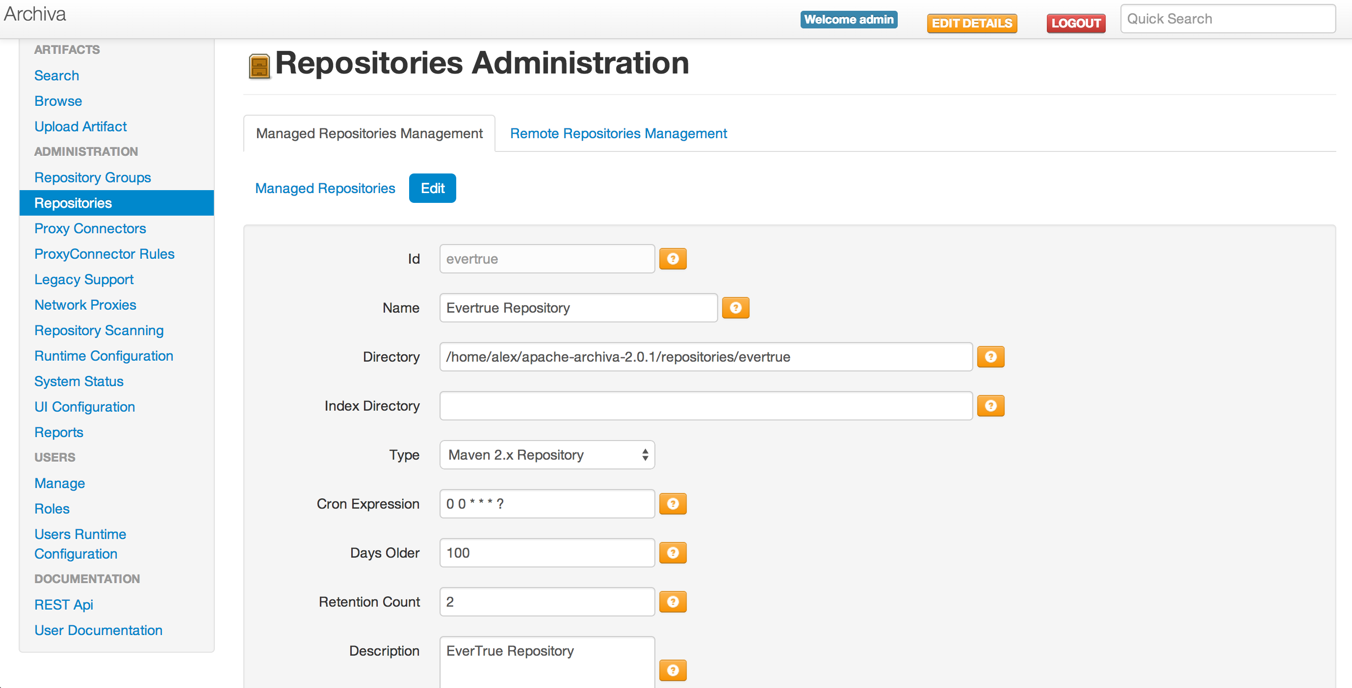 Archiva repositories administration