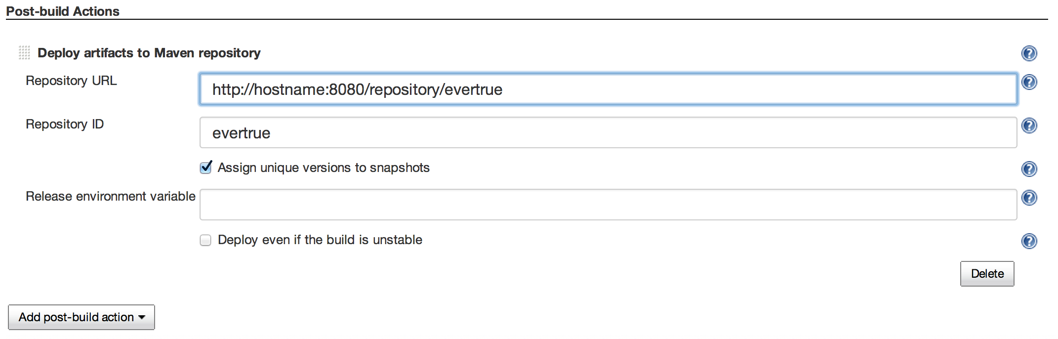 Jenkins post build actions Archiva deploy options